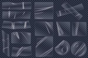 Transparent adhesive plastic tapes mega set elements in flat graphic design. Collection objects of different shape crumpled glue stickers, overlay wrinkled sellotape texture. illustration. vector