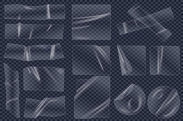Transparent adhesive plastic tapes mega set elements in flat graphic design. Collection objects of different shape crumpled glue stickers, overlay wrinkled sellotape texture. illustration.