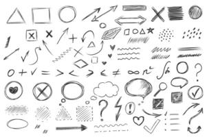 Hand drawn mega set elements in flat graphic design. Collection objects of doodle shapes, arrows, cross, round, dots, math symbols, speech bubble, question mark, heart, other. illustration. vector