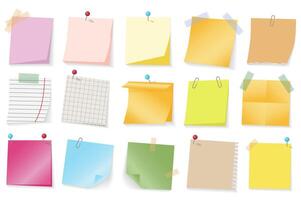 Colored paper stickers mega set elements in flat graphic design. Collection objects of different note pages with sticky tapes or pins, to do lists, reminders and memo messages. illustration. vector