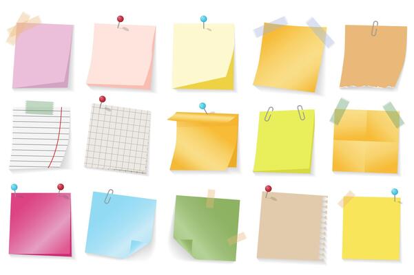 Colored paper stickers mega set elements in flat graphic design. Collection objects of different note pages with sticky tapes or pins, to do lists, reminders and memo messages. illustration.