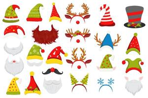 Christmas hats mega set elements in flat graphic design. Collection objects of elves headwear, Santa Claus beard and moustaches, deer antlers, trees, snowflakes masks, other. illustration. vector