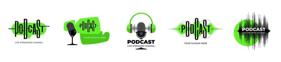 Radio broadcast studio logo set. Microphone and headphones with podcast inscription stylized audio wave equalizer. Live streaming channel show podcasting and broadcasting mic logotype. Green emblem vector