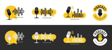 Radio broadcast studio logo set. Microphone with podcast inscription stylized as audio wave equalizer. Live streaming show podcasting and broadcasting mic logotype design concept. Yellow eps emblems vector