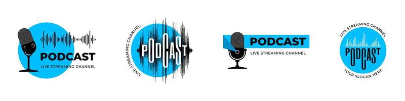 Radio broadcast studio logo set. Microphone with podcast inscription stylized as audio wave equalizer. Live streaming channel show podcasting and broadcasting mic logotype design template. Blue emblem vector
