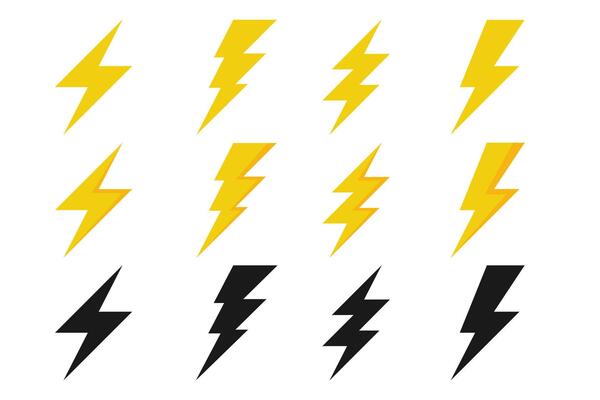 Sets of lightning icons and thunderbolt symbols, electric flash designs, logo elements, storm signs, arrow elements, danger and power symbols, showcasing different styles of lightning bolt icons