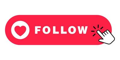 Social media follow button in red with heart symbol, hand clicking icon, follower sign for online platforms, button design to represent follow action, icon for gaining followers, simple media design vector