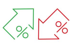 Stock market chart icon, finance graph with arrows showing up and down trends, green for profit percentage, red for loss, business price symbol vector