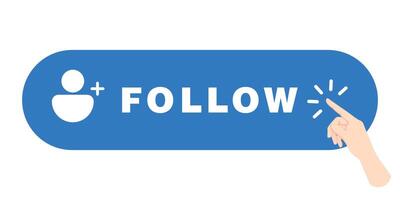 Social media follow button in blue with user icon, hand clicking symbol, follower sign for online platforms, button design to represent follow action, icon for gaining followers, simple media design vector