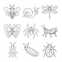Happy Insects and Bugs Line Art Bundle Butterfly, Ladybug, Bee, Dragonfly, Caterpillar, Snail, Ant, Spider, Grasshopper vector