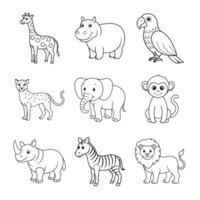 Zoo Safari Fun Line Art Bundle Lion, Elephant, Giraffe, Zebra, Rhino, Hippo, Monkey, Cheetah, Parrot vector