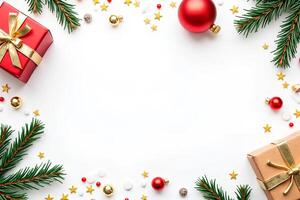 Festive red and gold gift boxes with pine, stars, and shiny balls on white, capturing holiday spirit photo