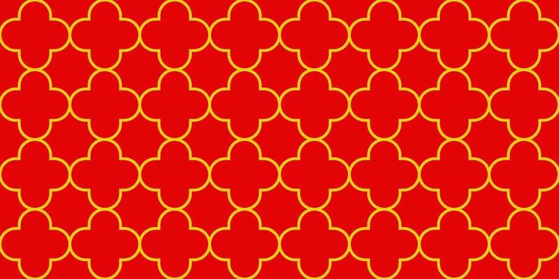 Geometric Asian line art seamless pattern with oriental traditional shapes flowers ornament, waves. Red and gold Japanese print for lunar chinese new year decoration. Luxury retro illustration
