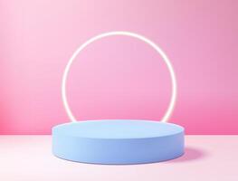Realistic 3D blue circle platform podium or pedestal on pink background with shadow. Empty space for product display presentation. Minimalistic mockup with copy space . Stage showcase design vector