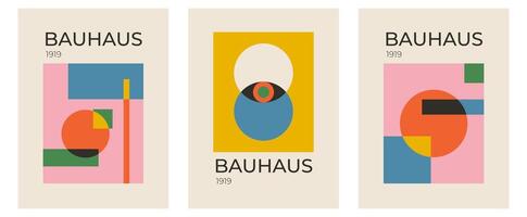 Set of trendy modern abstract geometric bauhaus posters with circle, square line shape. Minimalistic print for wall art decoration, postcard or brochure cover design in retro style art vector
