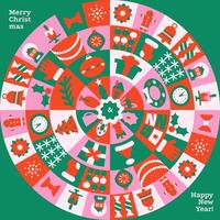 Happy New Year 2025 trendy minimal greeting card concept. Christmas design in modern minimalist geometric style. Colorful illustration in flat style. Round shape with geometrical patterns.Flat vector