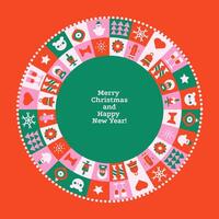 Christmas minimalist greeting card with festive abstract icons in round frame. Geometric flat illustration. Round composition. vector
