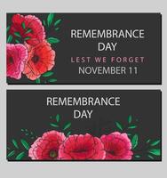 Remembrance day banner template design with poppy. Lest we Forget.Poppy Flower Illustration. Red Poppies. Botanical Background. Hand drawn floral background template. Poppy Bouquet. vector