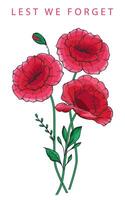 Red Poppies. Remembrance day banner template design. Lest we Forget.Poppy Flower Illustration. Botanical Background. Hand drawn floral background template. Poppy Bouquet. vector