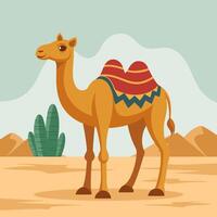 Cute two-humped camel in desert landscape. Flat style illustration. vector