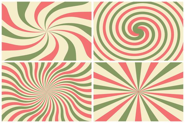Candy cane or ice cream striped swirl backgrounds set. Twisted sunbeam abstract banners.