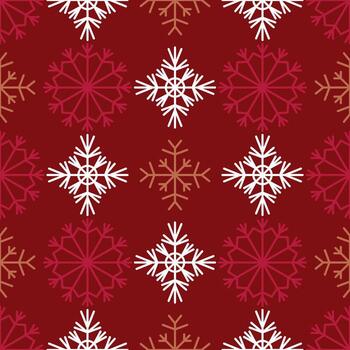 Red and white snowflakes seamless pattern on red background vector