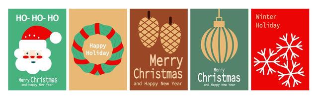 Merry Christmas and Happy New Year Set of greeting card, poster, holiday cover. Modern Xmas design in simple geometric style vector