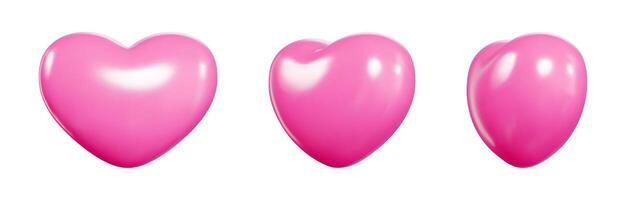 Pink 3D balloon hearts float in space. Love symbols display glossy surface with light reflections. vector
