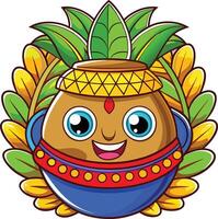 A cartoon character with a pot of rice and leaves vector