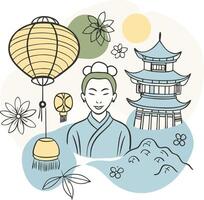 Chinese woman with a lantern and flowers vector