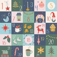 Christmas Advent Calendar with cute hand drawn elements. Xmas poster with holiday symbols. 25 countdown cards. Cozy winter objects in doodle style. Flat design illustration. vector