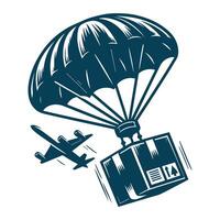 Parachute with box and airplane flying over it vector