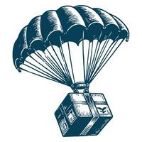 Silhouette Parachute Holding Delivery Cardboard Box on White Background vector