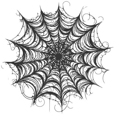 A black and white drawing of a spider web