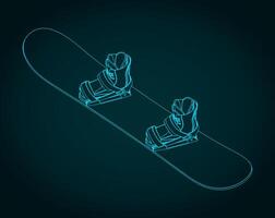 Snowboard board and boots isometric blueprint illustration vector