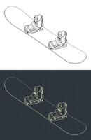 Snowboard board and boots isometric blueprint vector