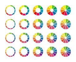 Donut charts, pies segmented on 9, 10, 11, 12 equal parts. Wheels divided in sections. Set of infographic multicoloured diagrams. Circle section minimalist graph. Pizza chart round icons. Loading bar. vector