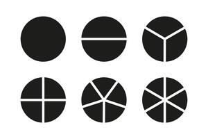 Pie segmented charts. Sectors divide the circle on equal parts. Coaching blank. Pizza round charts. Segments infographic set. Diagram wheel parts from 1 to 6. vector