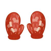 A pair of orange knitted mittens with hearts on a white background. illustration vector