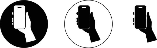 Human hand holding touchscreen mobile phone icons set for mock up, communication, element technology design black flat and line collection isolated vector