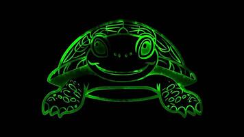 Neon frame effect, Turtle cheerful turtle with a patterned shell, peeking out curiously on black background video