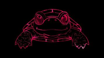 Neon frame effect, Turtle cheerful turtle with a patterned shell, peeking out curiously on black background video