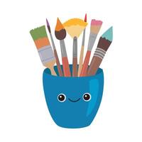 Paint brushes with colored paint in cup with smiling face vector