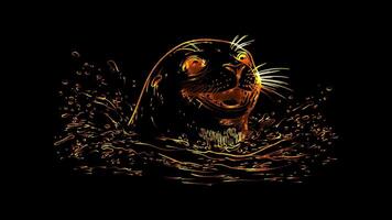 Neon frame effect, Seal playful seal with whiskers and a joyful smile, splashing in the water on black background video