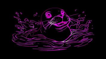 Neon frame effect, Seal playful seal with whiskers and a joyful smile, splashing in the water on black background video