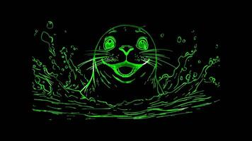 Neon frame effect, Seal playful seal with whiskers and a joyful smile, splashing in the water on black background video