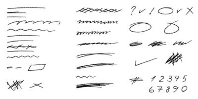 Set of hand-drawn lines for underlining and correcting text. Markers for highlighting important notes in notebook vector