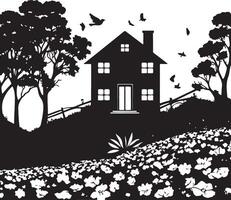 Silhouette of a house in the country with trees and birds vector