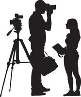 A man and woman are standing next to a camera and tripod vector
