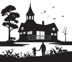 Silhouette of a family walking in front of a house vector